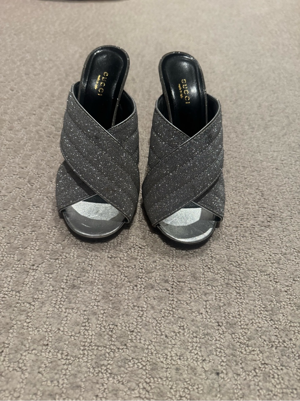 Gucci Black Glitter Crisscross Open-Toe Mules